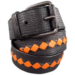 BOTTEGA VENETA Black Pebbled Leather Orange Intrecciato Stripe Belt