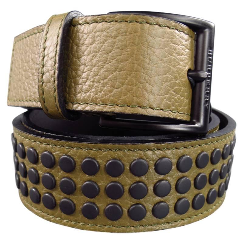 BURBERRY Olive Khaki Green Textured Leather Matte Black Studded Belt
