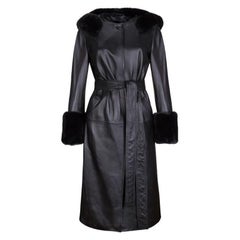 Verheyen London Aurora, trench in pelle nera con pelliccia sintetica, taglia 6