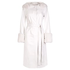 Verheyen Aurora Hooded Leather Trench Coat in White with Faux Fur - Size uk 14