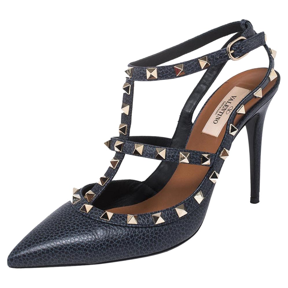 Valentino Dark Blue Leather Rockstud Ankle Strap Sandals Size 39.5 For Sale  at 1stDibs