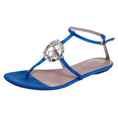 Gucci Blue Satin GG Interlocking Crystal Ankle Strap Sandals Size 38.5