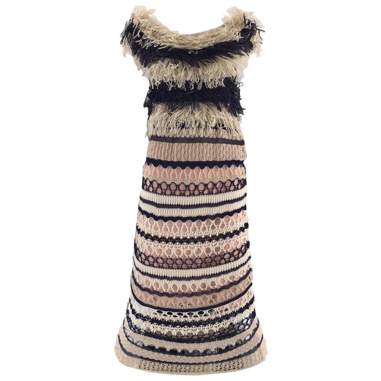 Jean Paul Gaultier blue and creme raffia knit crochet dress For Sale at