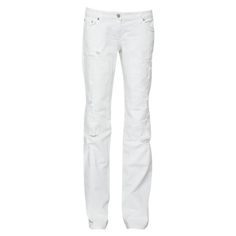 Fendi White Denim Straight Leg Distressed Jeans M For Sale at 1stDibs