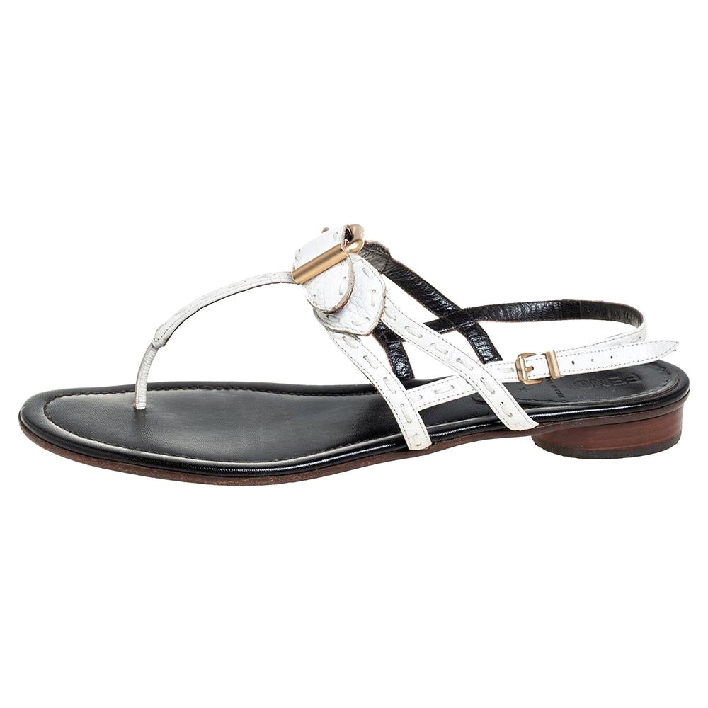 Fendi White Leather T-Strap Flat Sandals Size 39
