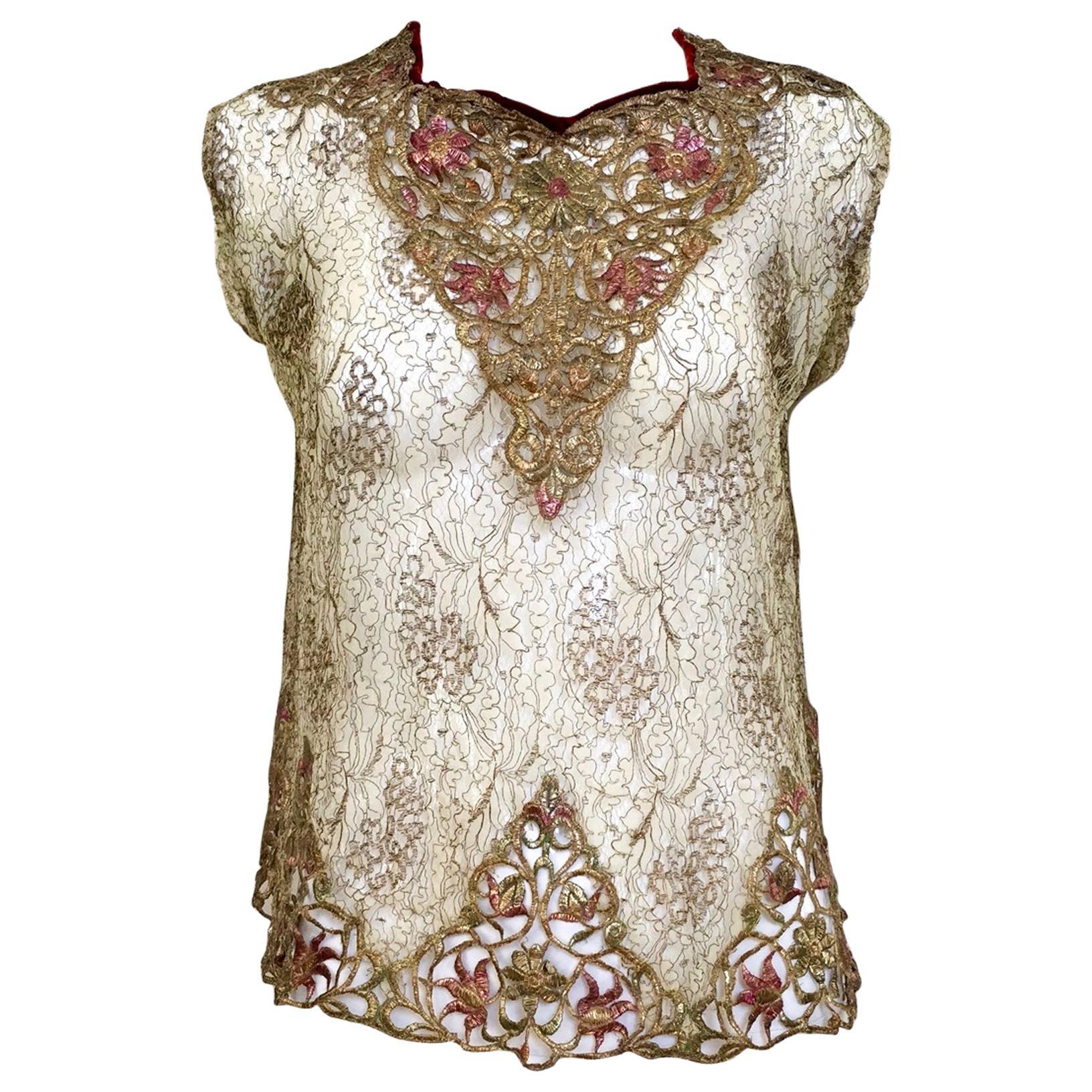 1920s gold embroidered lace blouse For Sale