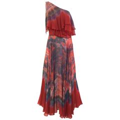 1970s orange and blue tie dye one shoulder silk dress