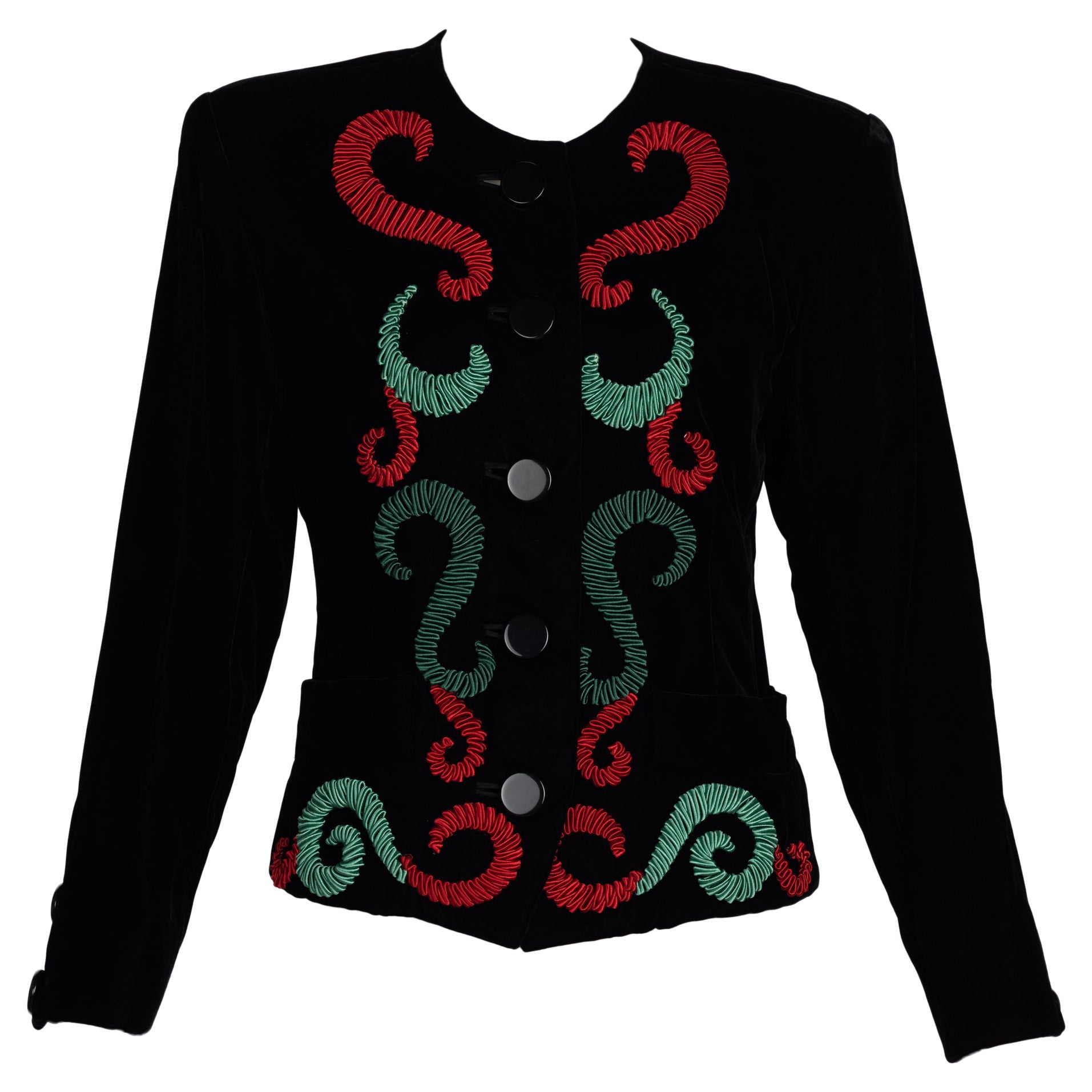 Yves Saint Laurent Giacca ricamata in velluto rosso e verde, 1989 in vendita