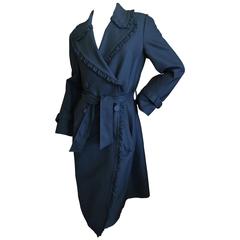 Valentino Vintage Black Trench Coat with Ruffle Trim Edges