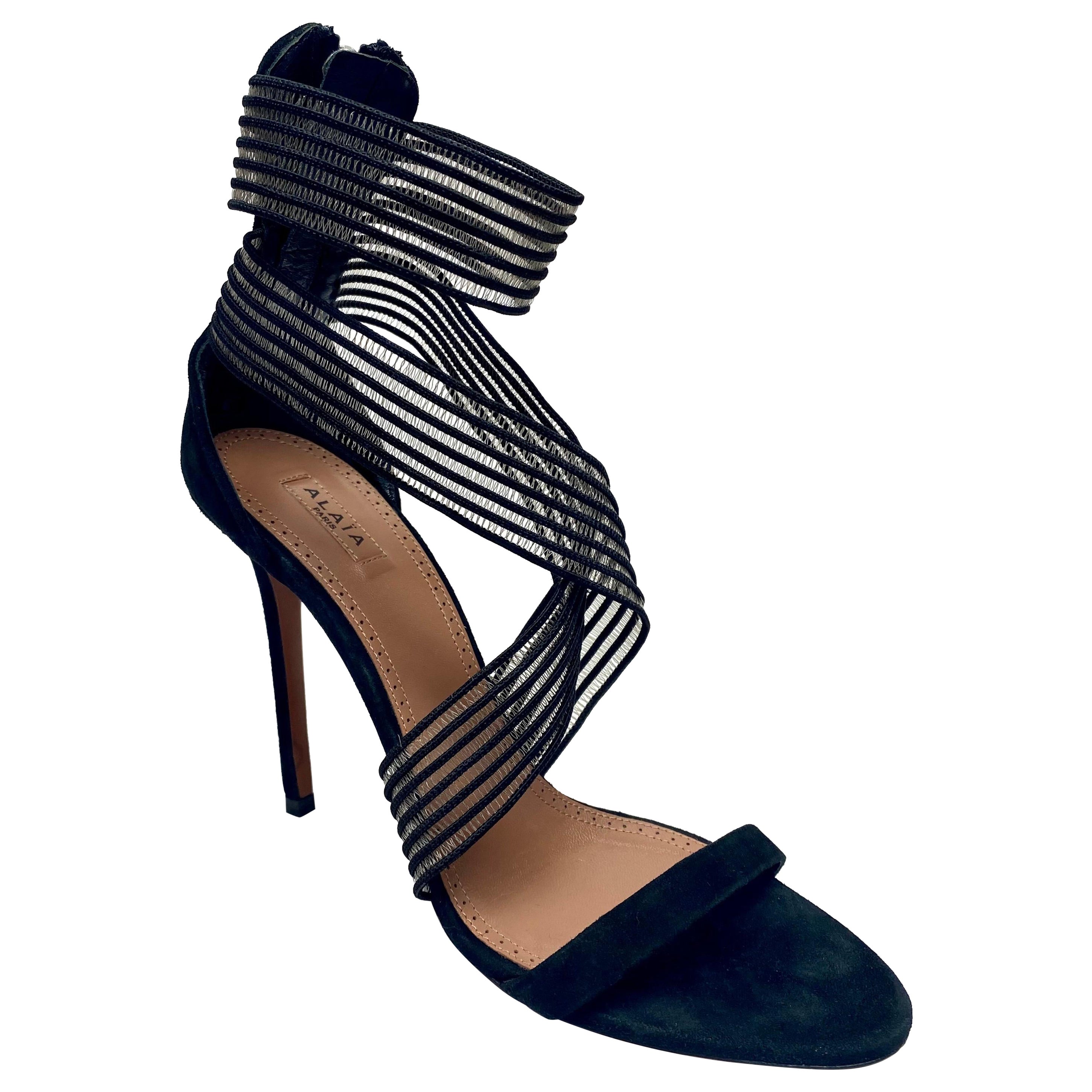 Alaia Black Suede Ribbon Sandals Heels Size 40 For Sale