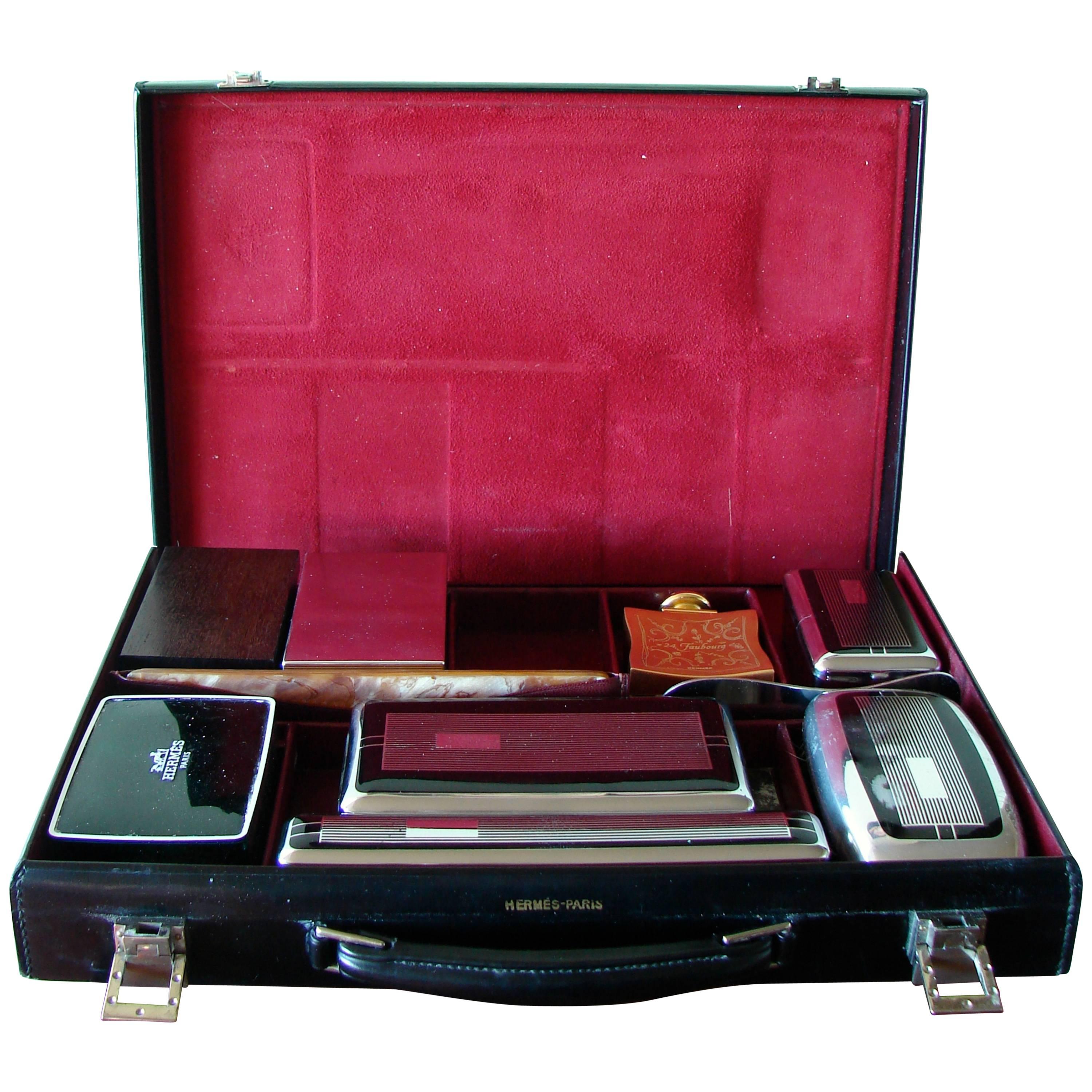 Exquisite Hermes Paris Black Box Leather Toiletry Case Grooming Kit 1930s 