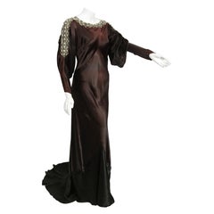 Vintage 1930's Beaded Silk Satin Cut-Out Mutton Sleeve Bias Cut Trained Gown