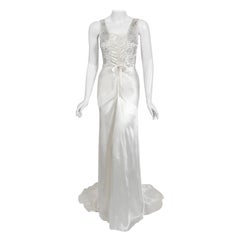 Vintage 1930's Rhinestone Beaded White Silk Satin Bias-Cut Trained Bridal Gown