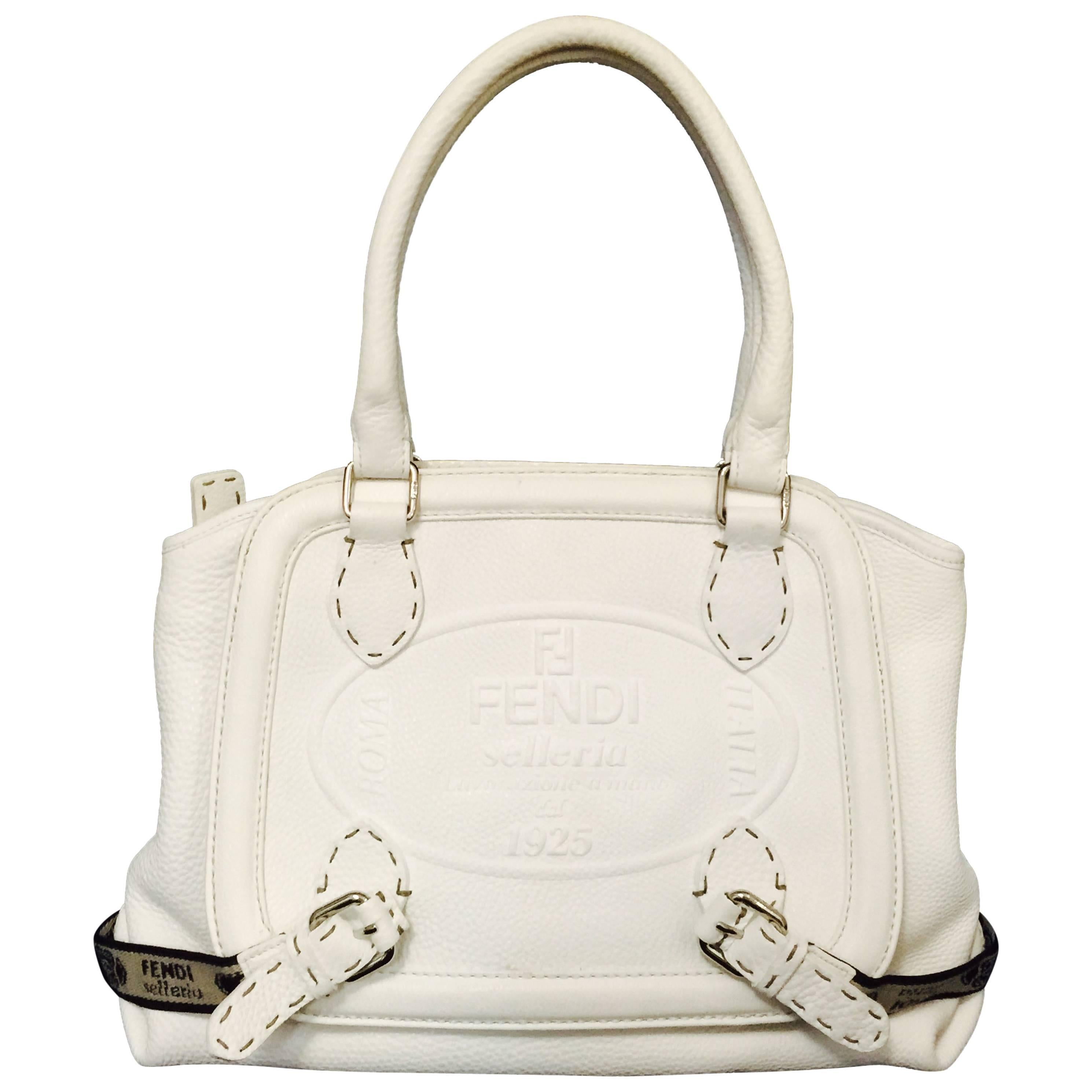 Fendi Selleria White Grained Leather Satchel With Staps 