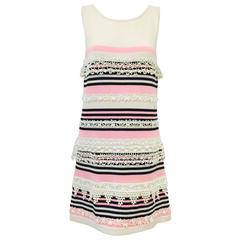 Chanel Cashmere Horizontal Striped Sleeveless Dress With Ivory Crochet Bands 