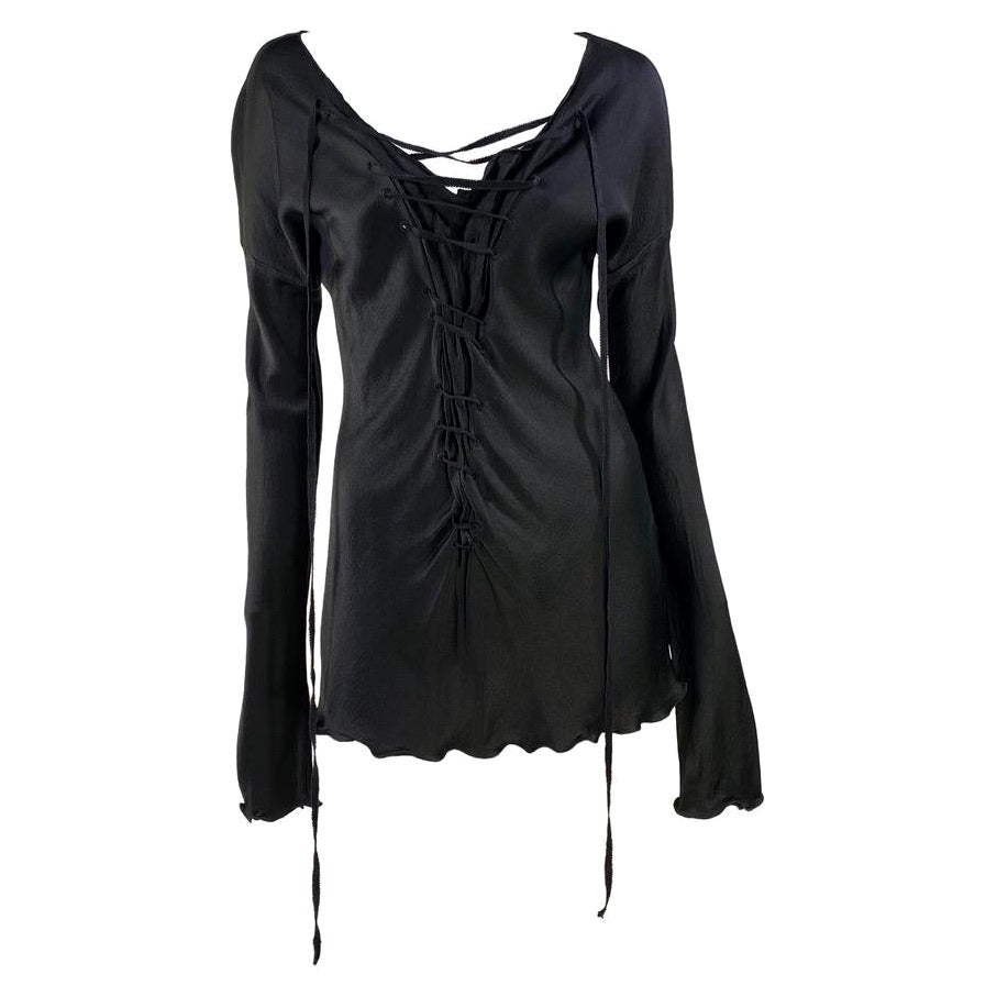 F/W 2002 Gucci by Tom Ford Black Bias Cut Silk Lace Up Mini Dress For Sale