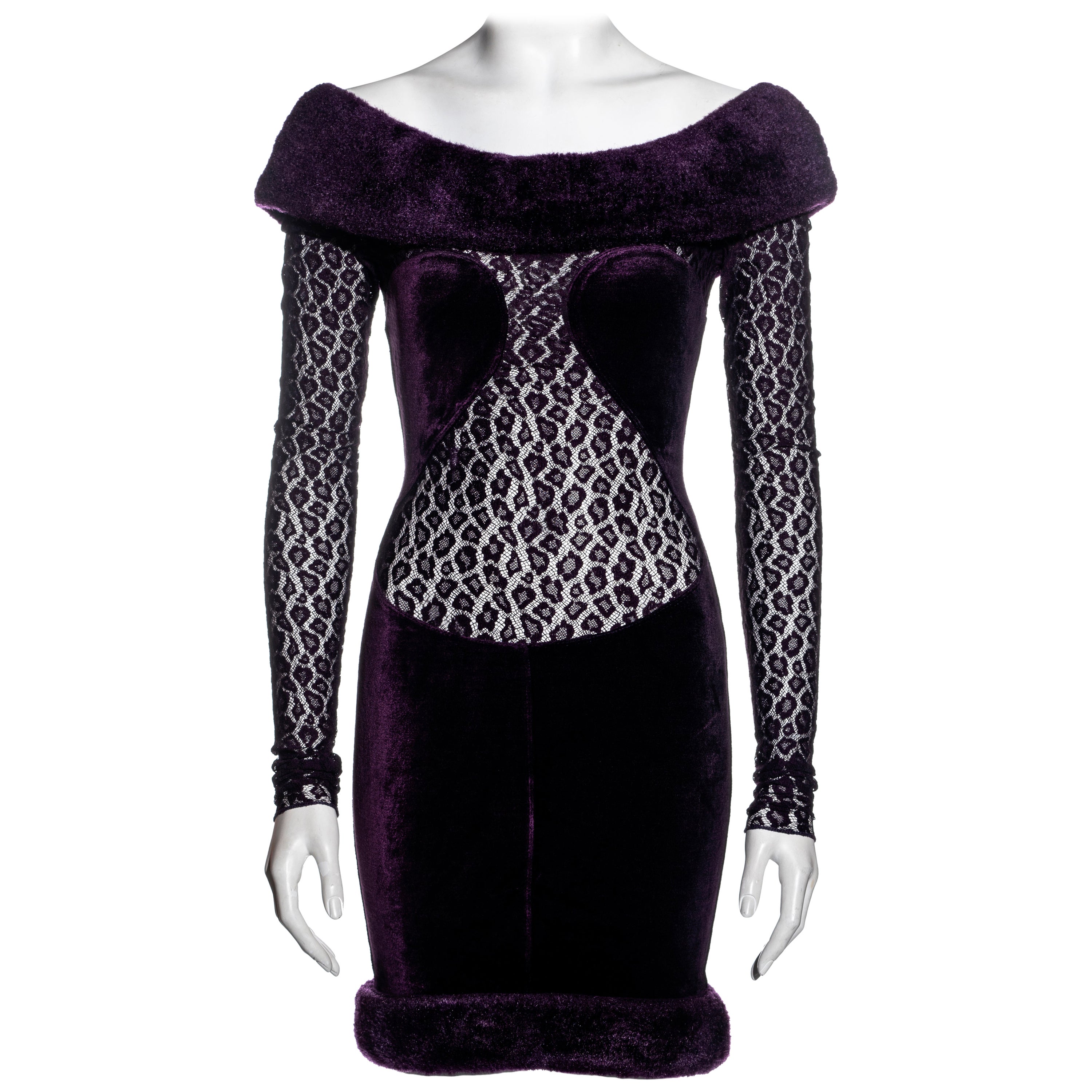 Azzedine Alaia purple velvet and leopard lace off-shoulder dress, fw 1991
