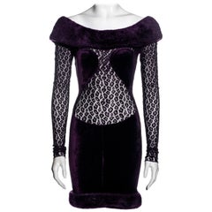 Vintage Azzedine Alaia purple velvet and leopard lace off-shoulder dress, fw 1991