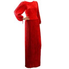 Late 1970s Mary McFadden Pleated Tomato Red Long Evening Gown Balloon Sleeves 6