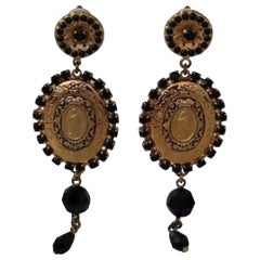 Dolce & Gabbana gold-tone black crystal drop medallion earrings 