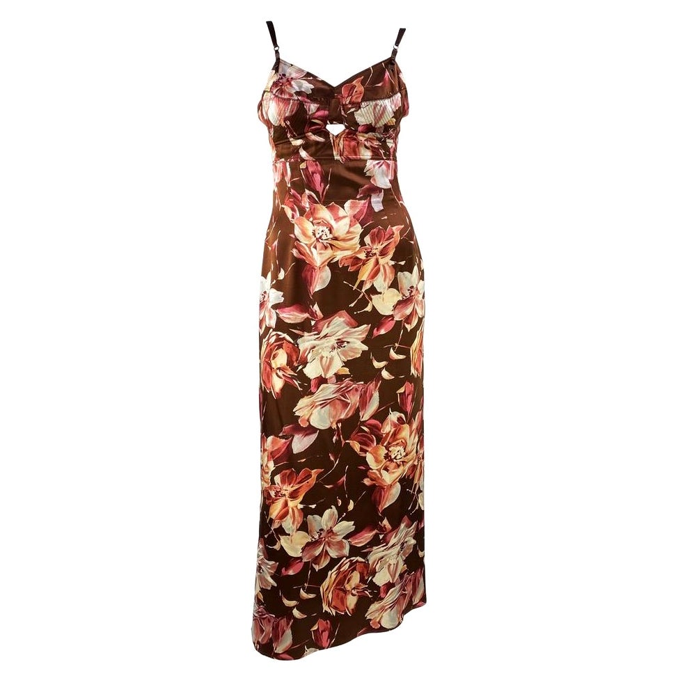 S/S 1997 Dolce & Gabbana Floral Brown Silk Bustier Strap Pin-Up Dress