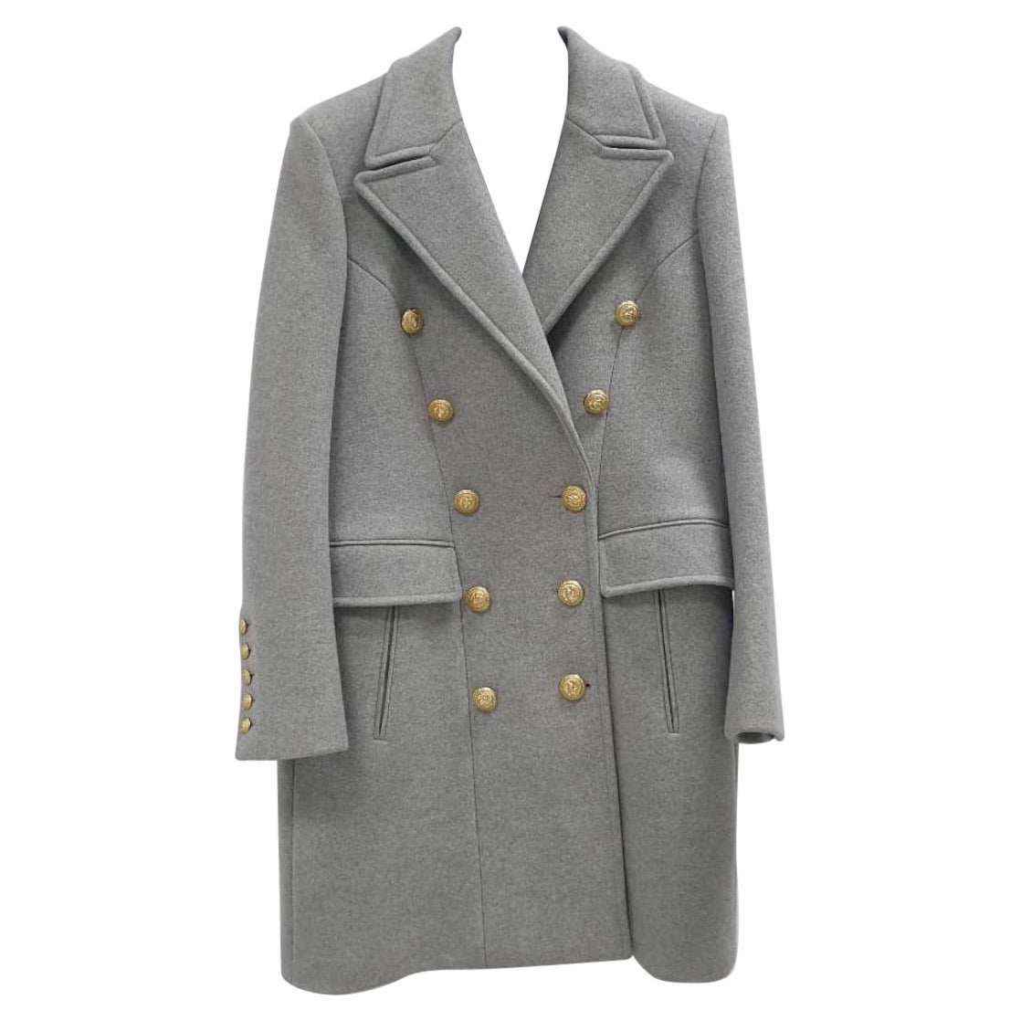 Balmain Grey Wool Cashmere Gold Button Double Breasted Overcoat