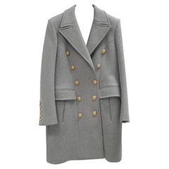 Balmain Grey Wool Cashmere Gold Button Double Breasted Overcoat