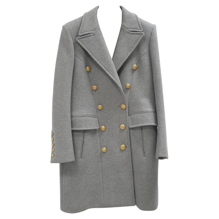 Balmain Grey Wool Cashmere Gold Button Double Breasted Overcoat at 1stDibs