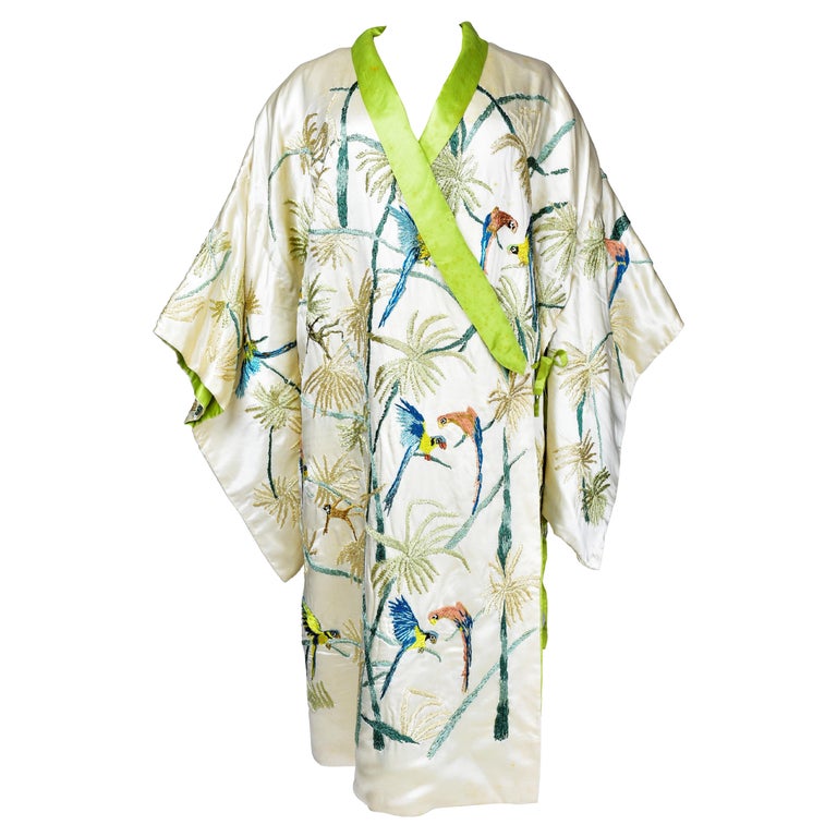 A Satin Embroidered Evening Kimono with palm trees and parrots France Circa 1930 For Sale