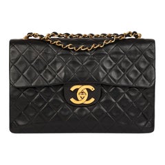 Chanel Schwarze Vintage Maxi Jumbo XL Classic Single Flap Tasche aus gestepptem Lammfell