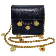 Judith Leiber Navy Lizard Mini Gold Coin Chain Shoulder Bag