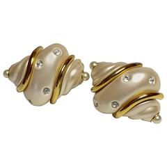1980s KENNETH LANE Pearlized Shell and Rhinestone Clip On Earrings