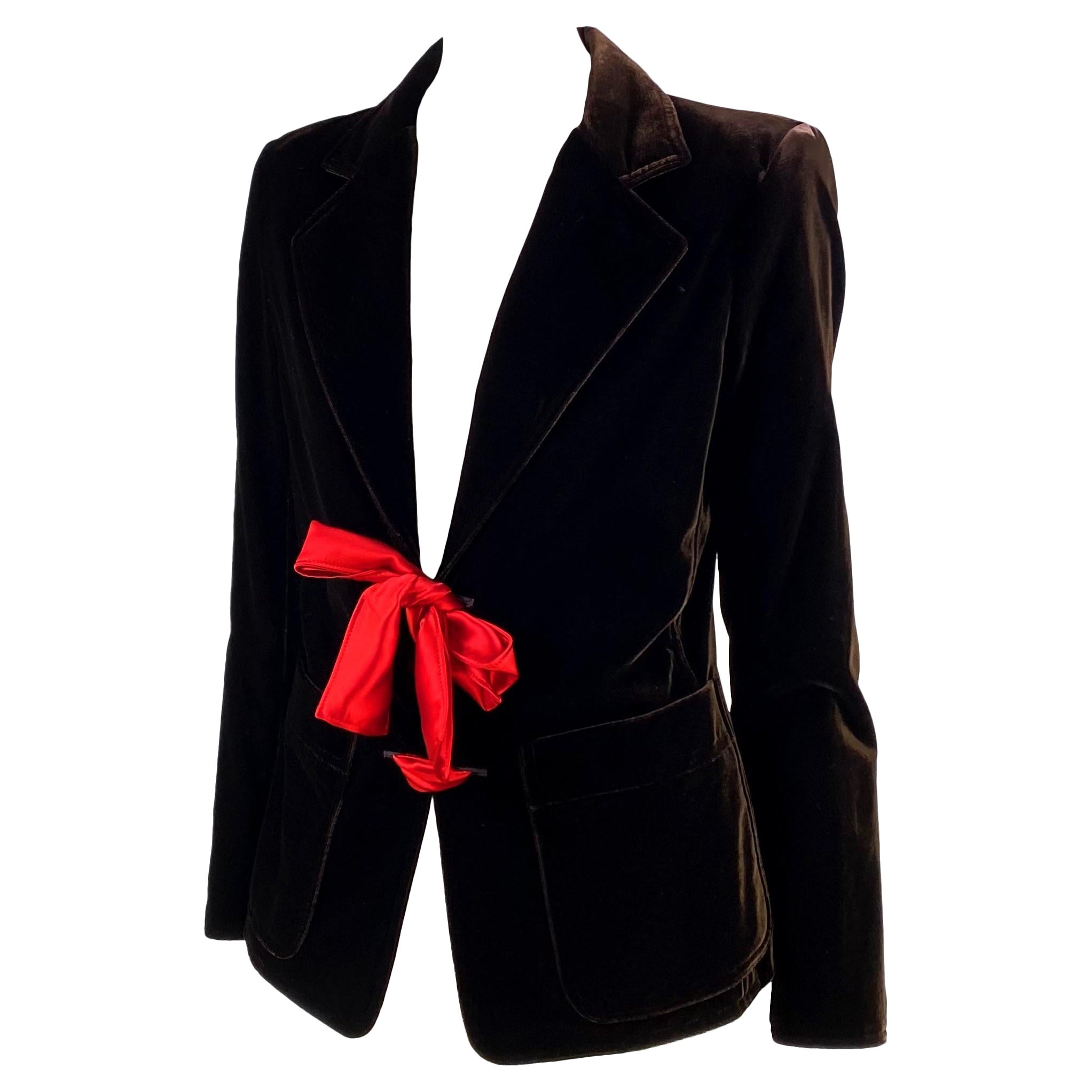 F/W 2003 Yves Saint Laurent by Tom Ford Brown Velvet Blazer Red Satin Tie For Sale