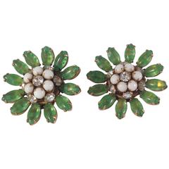 1950s Schreiner Green Glass Clip On Flower Earrings
