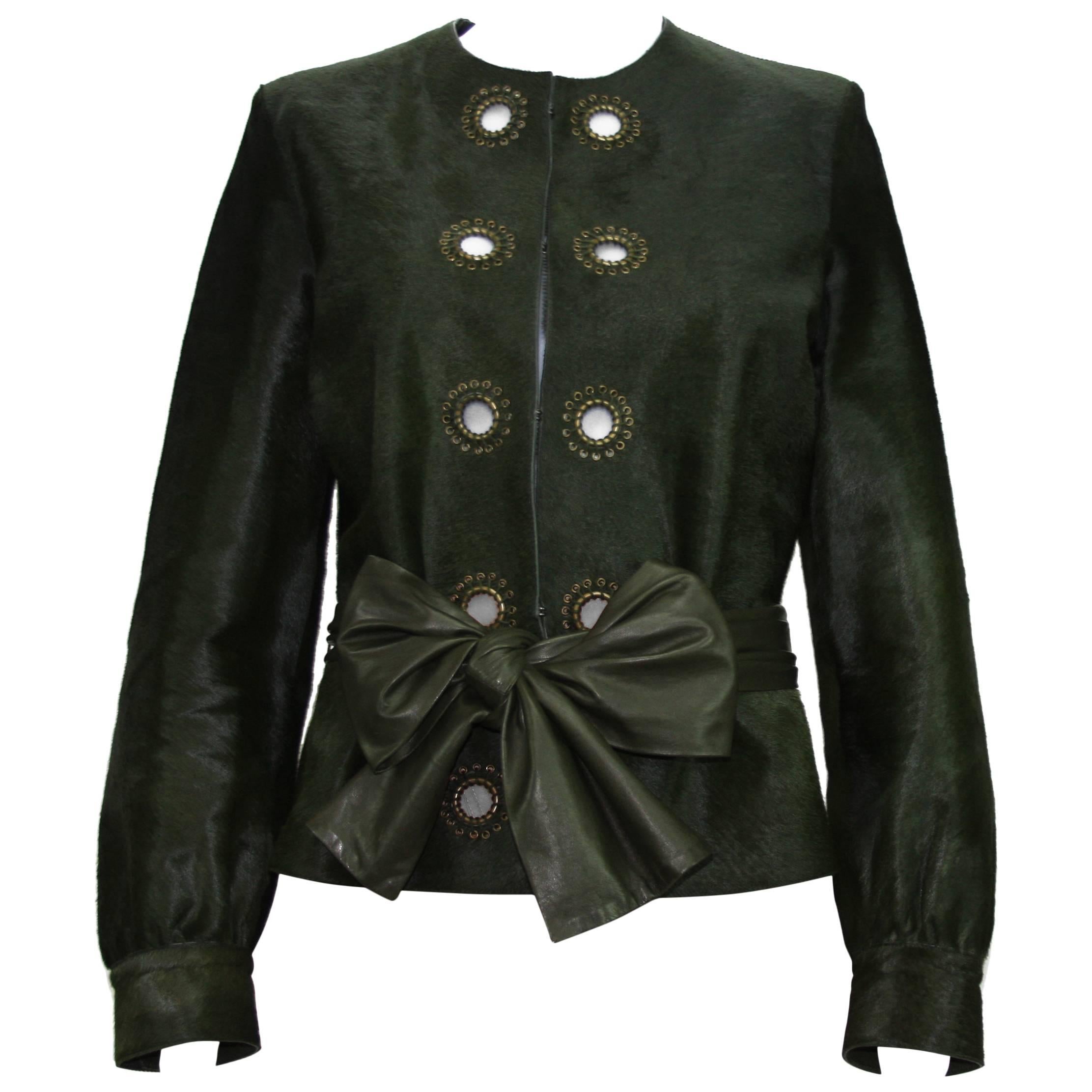 Yves Saint Laurent Calf Hair Green Leather Jacket with Belt Fr.44