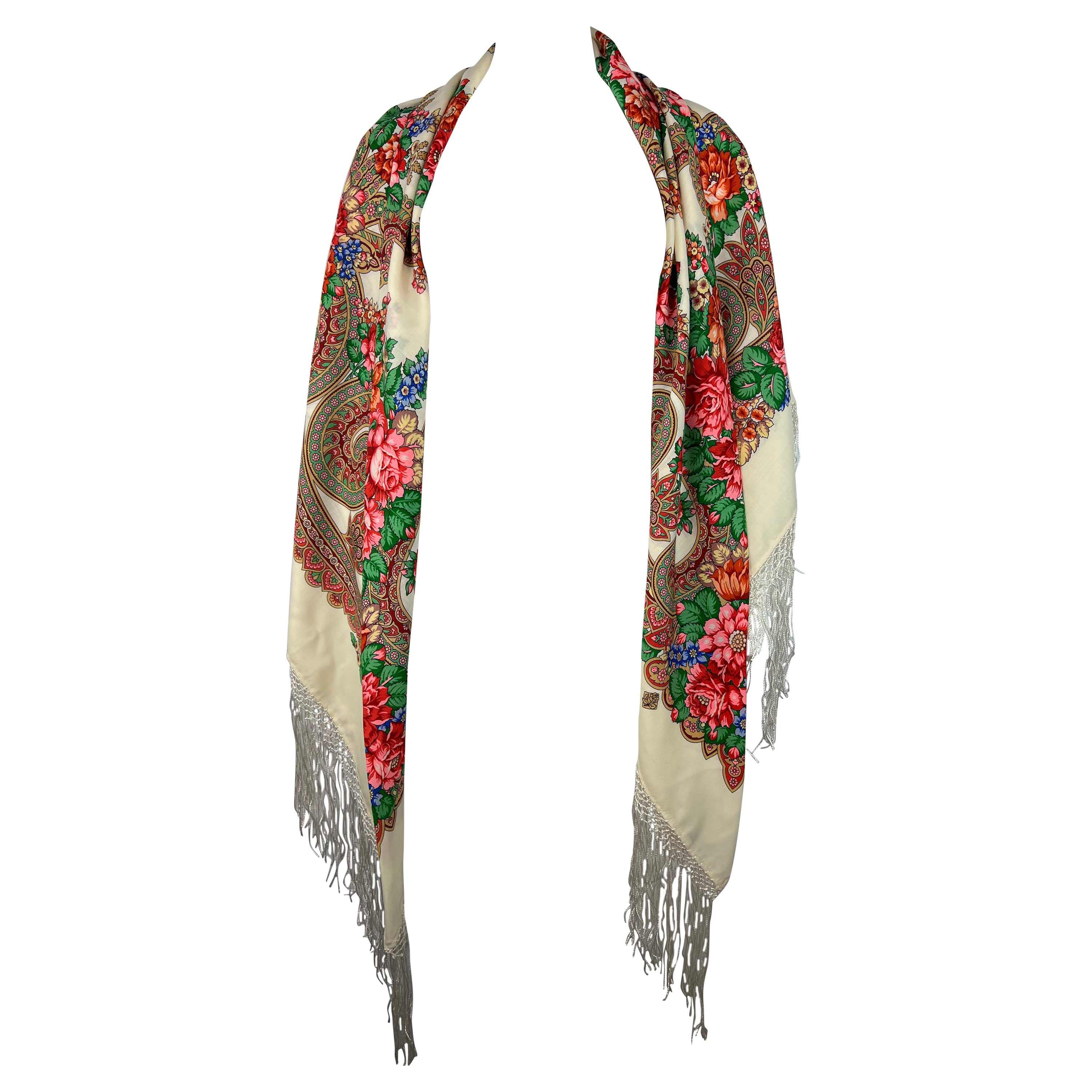 Russian White and Multicolored  Wool Scarf Cover Up