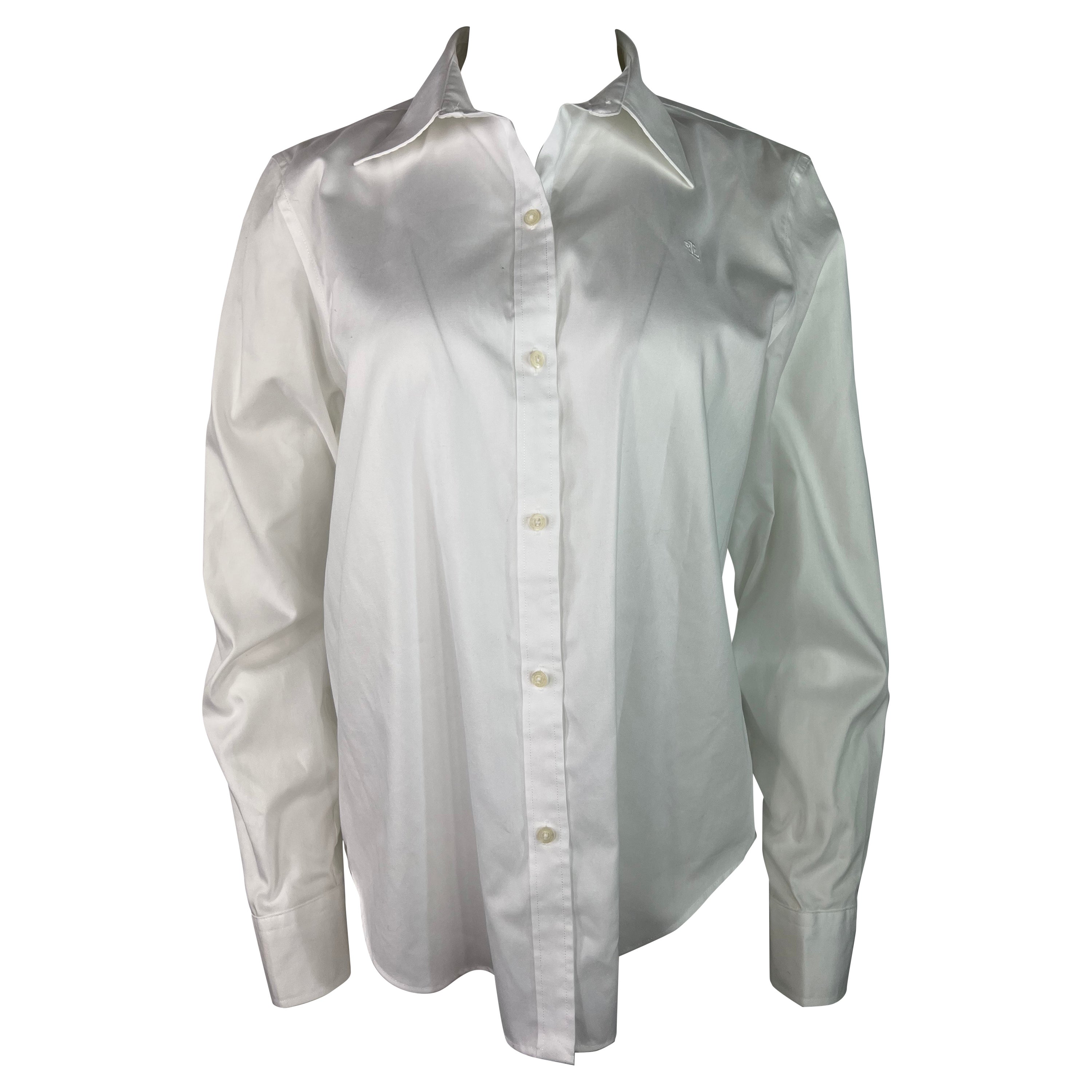 Ralph Laurent White Cotton Button Down Shirt Blouse, Size Large  For Sale