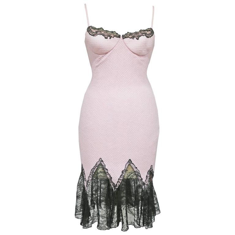 Gianni Versace baby pink cocktail dress with lace trim, c. 1990s For