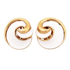 White Enamel & Gilt Swirl Earrings By Crown Trifari, 1960s