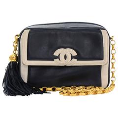 Vintage Chanel Navy x White Leather Fringe Shoulder Mini Bag
