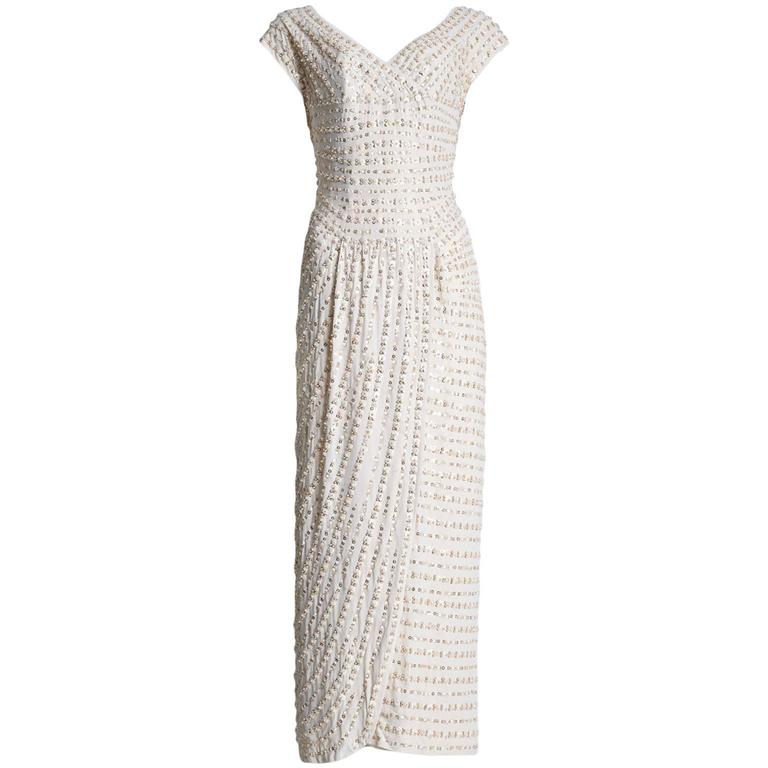 1950s Norman Hartnell Stunning Ivory Beaded Gown Approx Size UK 8 For ...