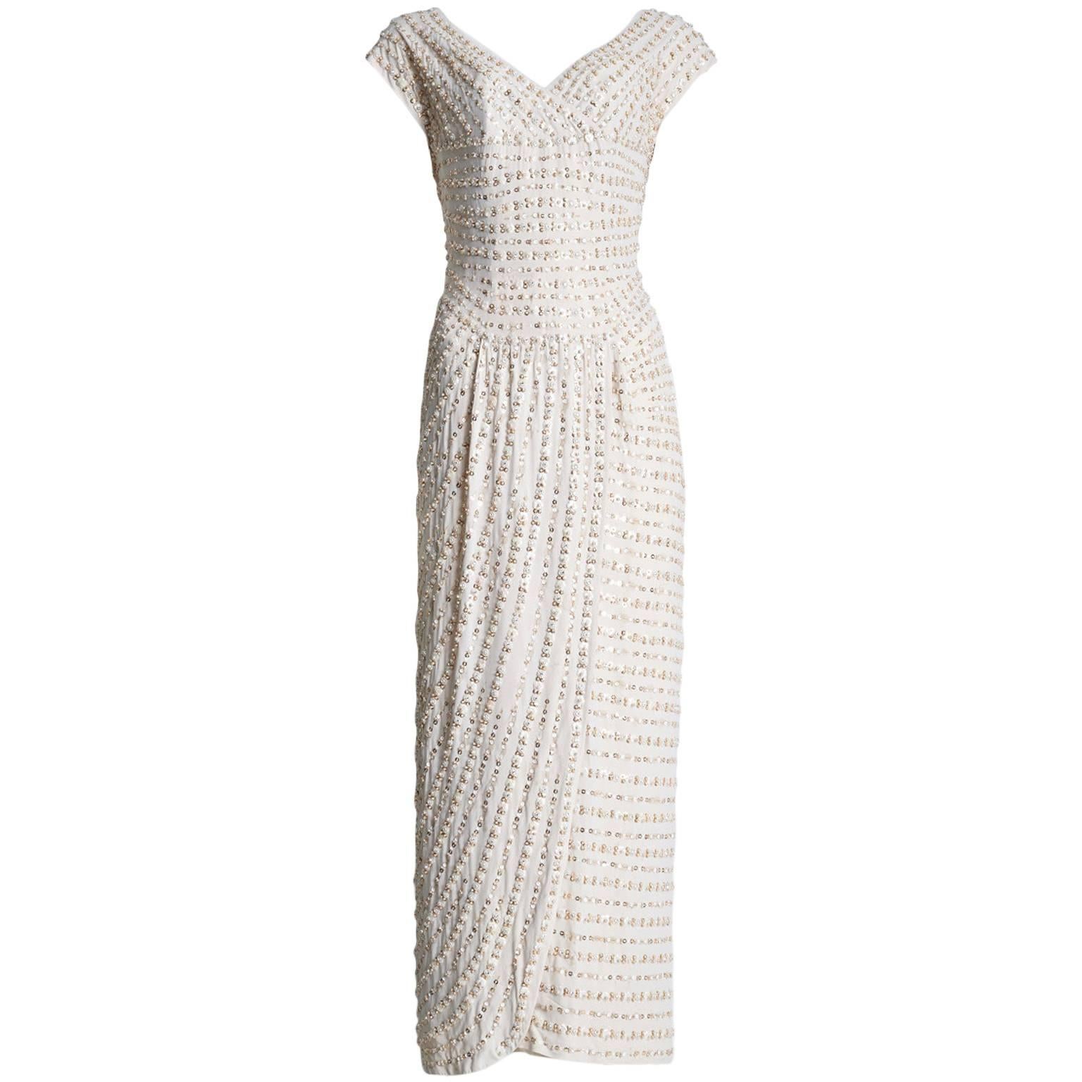 1950s Norman Hartnell Stunning Ivory Beaded Gown Approx Size UK 8 For Sale