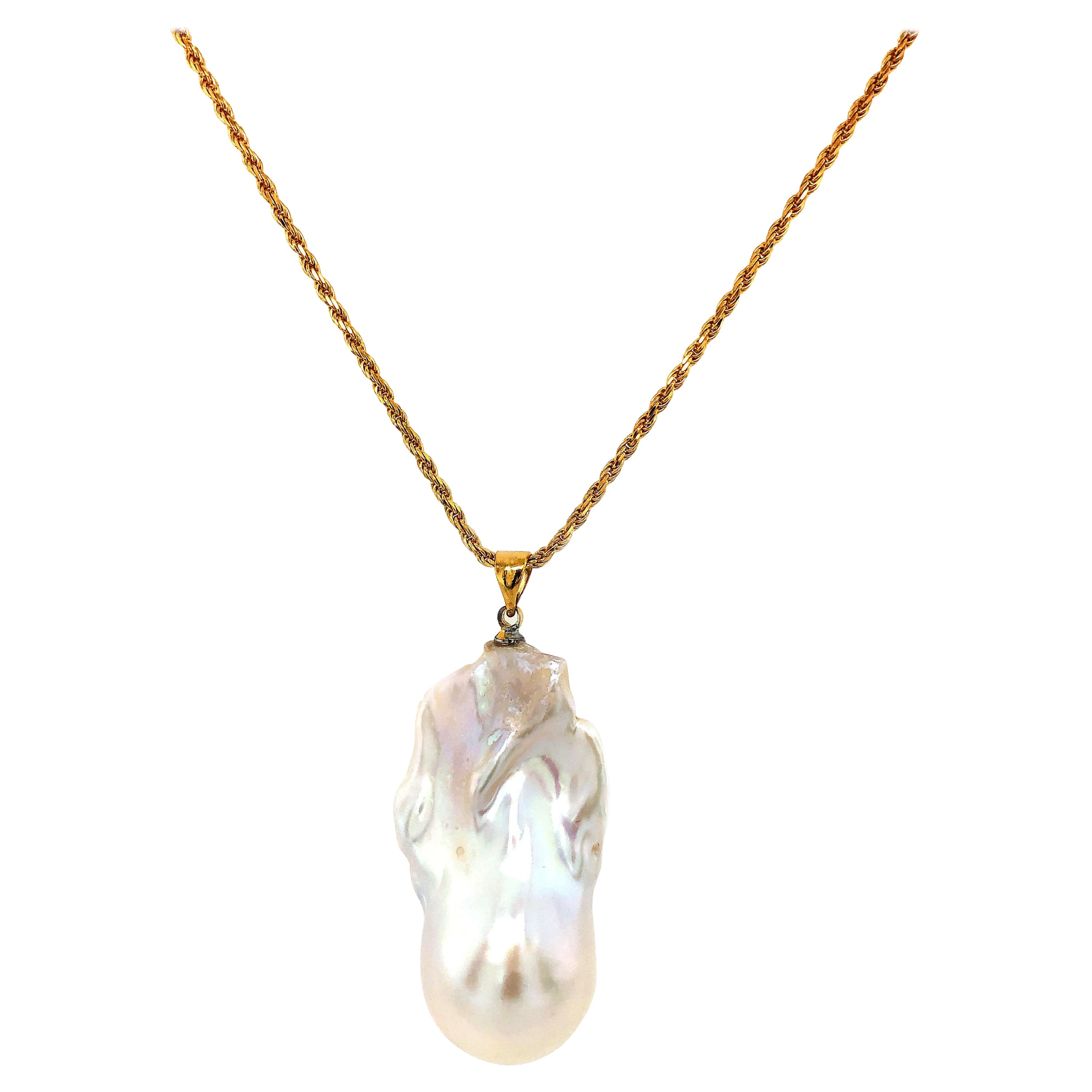 Large Freshwater Baroque Pearl Pendant Necklace on 18K Gold Vermeil Chain For Sale