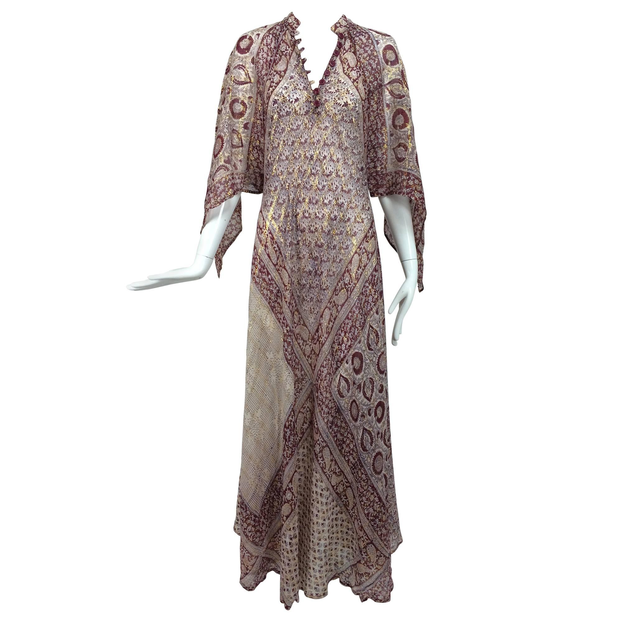 Sheer gauze block print with gold caftan from India 1960s Woodward & Lothrop
