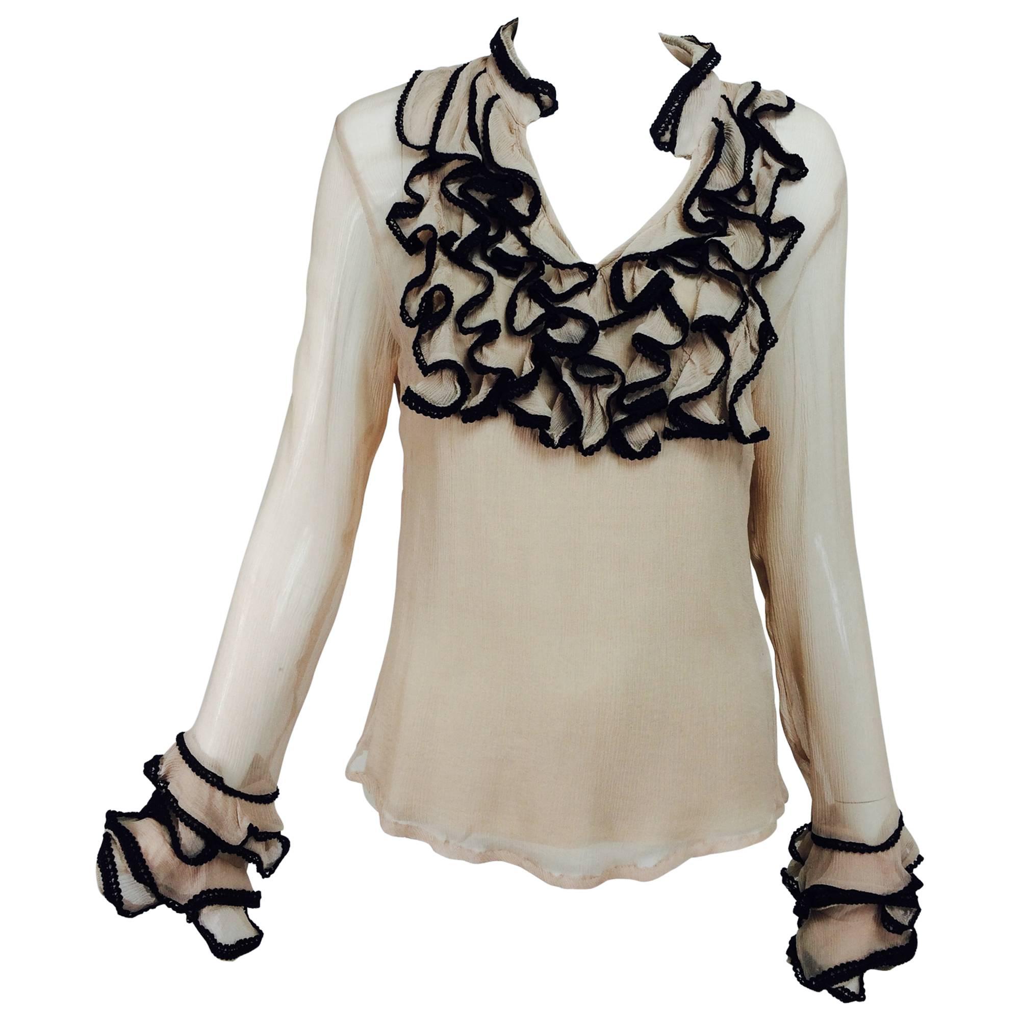 Lloyd Klein nude silk gauze ruffle front blouse & matching camisole