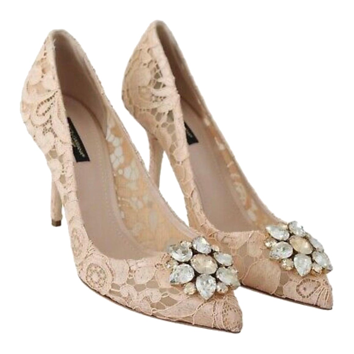 Dolce & Gabbana Bellucci Pumps Shoes Pink Beige Lace Crystal Heels  For Sale