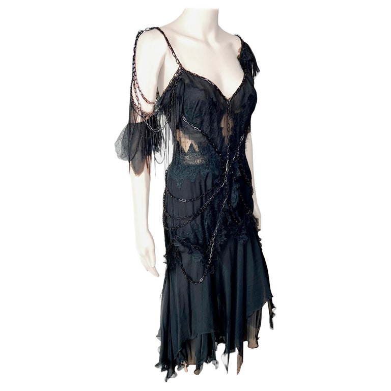 Versace F/W 2004 Chain Embellished Sheer Lace Open Back Black Evening ...
