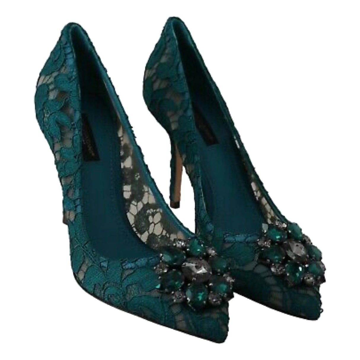 Dolce and Gabbana Bellucci Pumps Shoes Green Lace Crystals Heels at 1stDibs