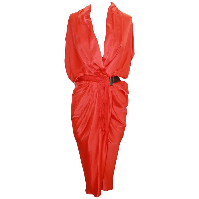 Lanvin Burnt Orange Ruched Silk Dress with Belt - 38 at 1stDibs