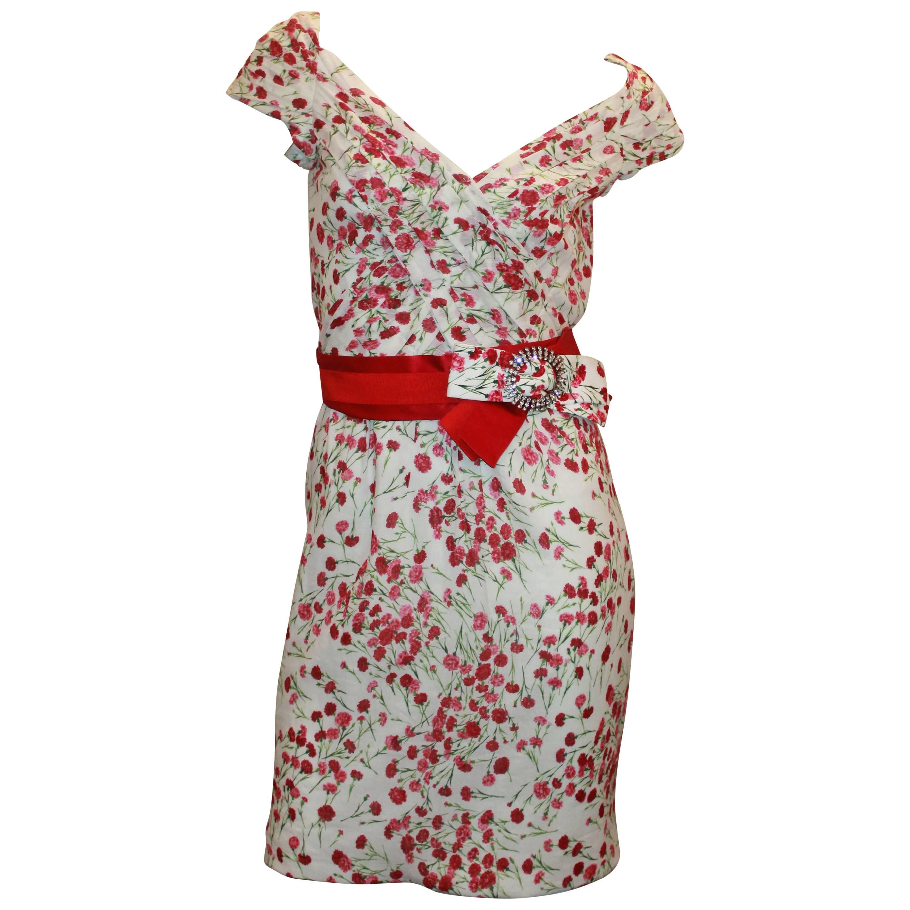 Dolce & Gabbana White Dress with Red Flower Print & Belt - 40